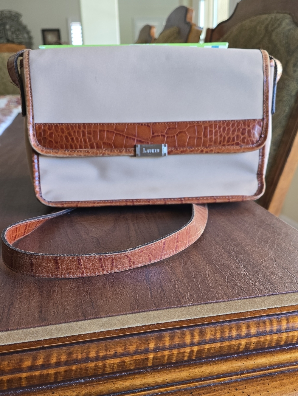 Vintage Lauren Ralph Lauren Beige and Brown Croc-Trim Messenger Bag